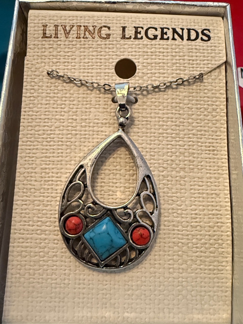 Silver-Tone Turquoise & Coral Teardrop Pendant Necklace